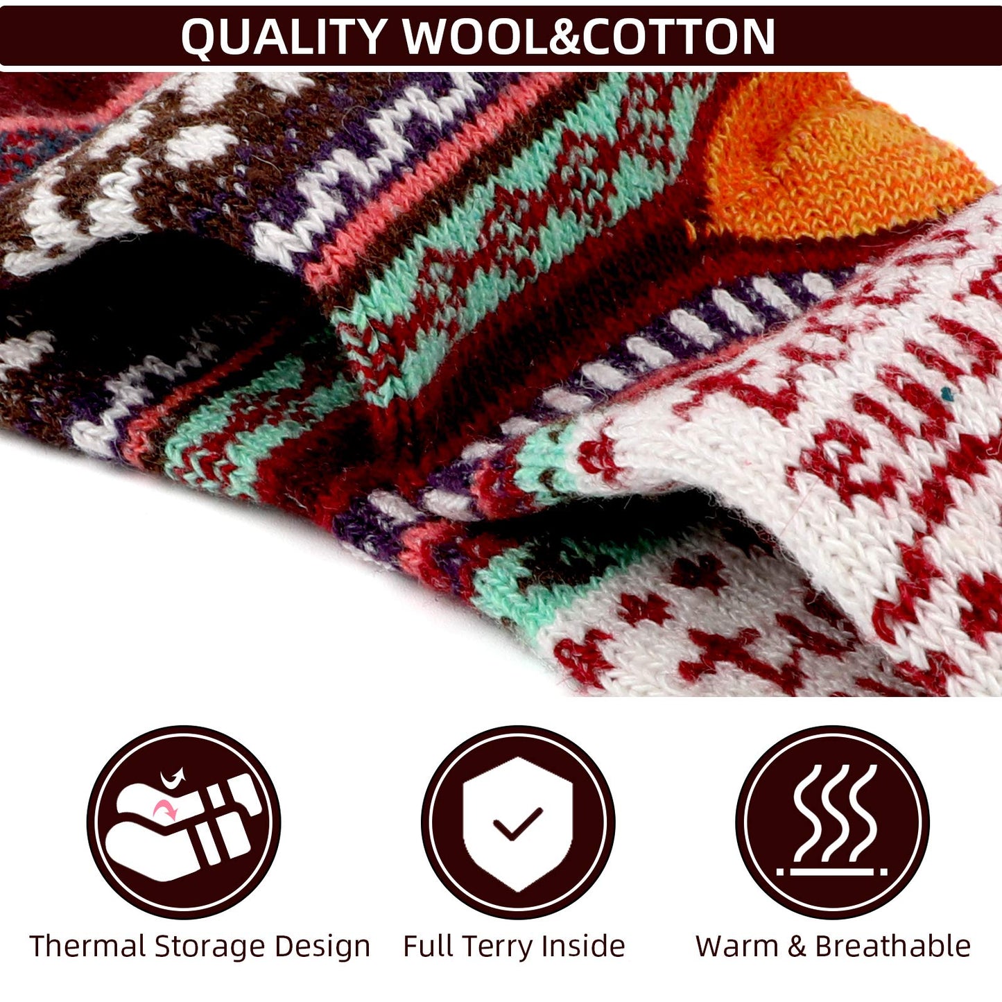 Airabc 5 Paar Damen-Thermosocken, warme Wintersocken, farbenfroh, kuschelig und atmungsaktiv 