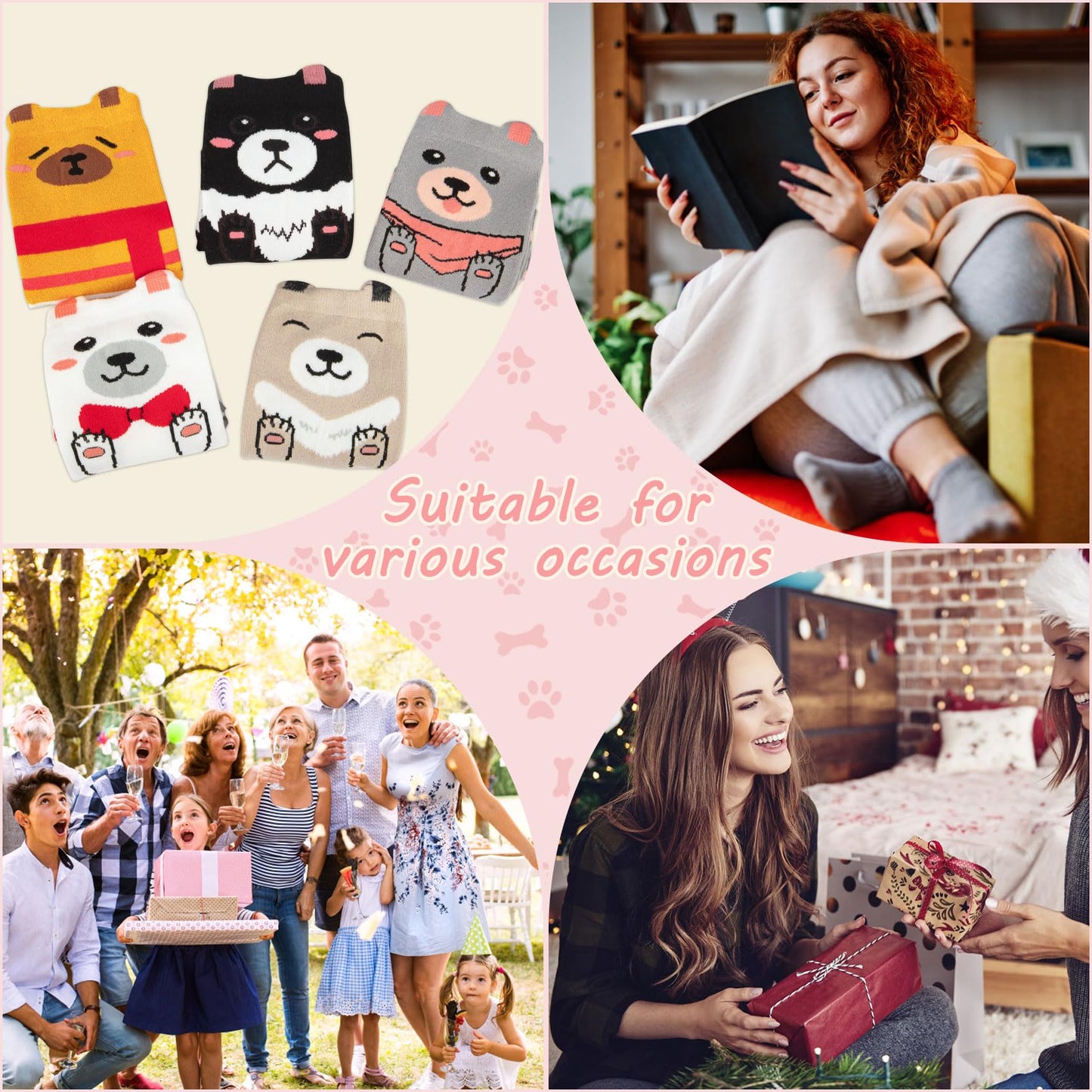 Chalier Cozy 5 Paar Damen Socken Hunde Katzen Motiven, Baumwolle