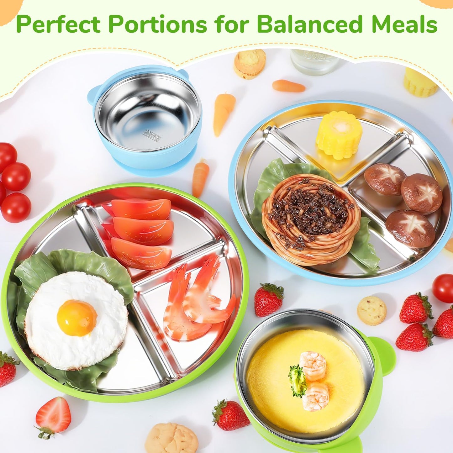 Geschirrset, 6-teilig: Edelstahl-Babyteller mit Saugnapf, 2 Breischalen, 1 Babyschale und 2 Löffelgabeln 