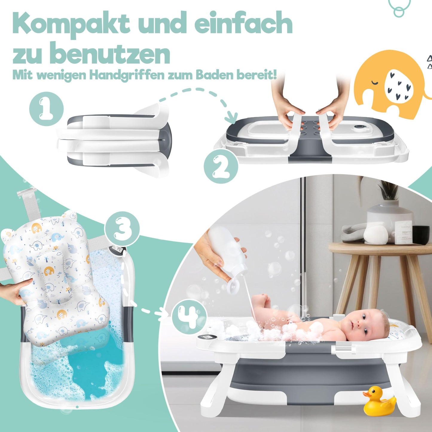 Babybadewanne | Babywanne platzsparend &amp; faltbar mit Thermostat &amp; Kissen 