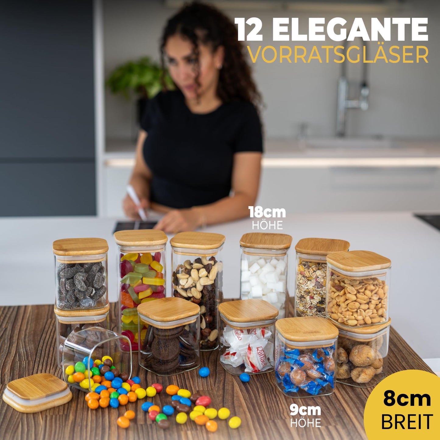 Aufbewahrungsbox Küche für alle Lebensmittel, Küchen Organizer, Vorratsgläser mit Deckel, Eckig - 12er Set, Erhöhte Glasstärke 