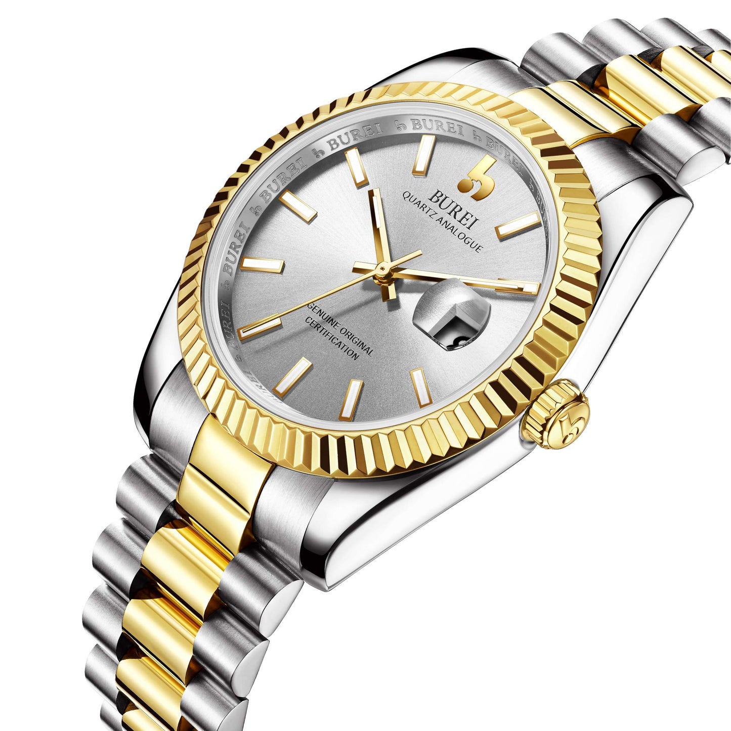 BUREI Herren Uhren Quarz Armbanduhr Datumsanzeige Saphirglas Objektiv mit Zwei Tönen Edelstahlband