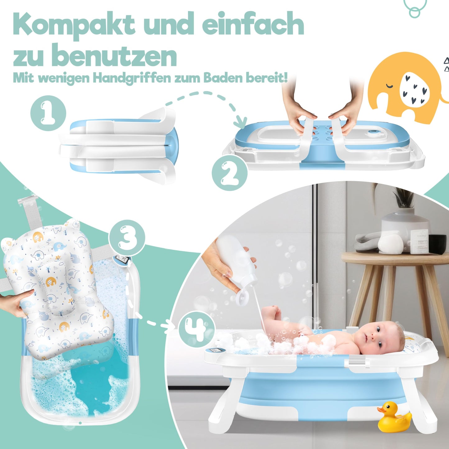Babybadewanne | Babywanne platzsparend &amp; faltbar mit Thermostat &amp; Kissen 