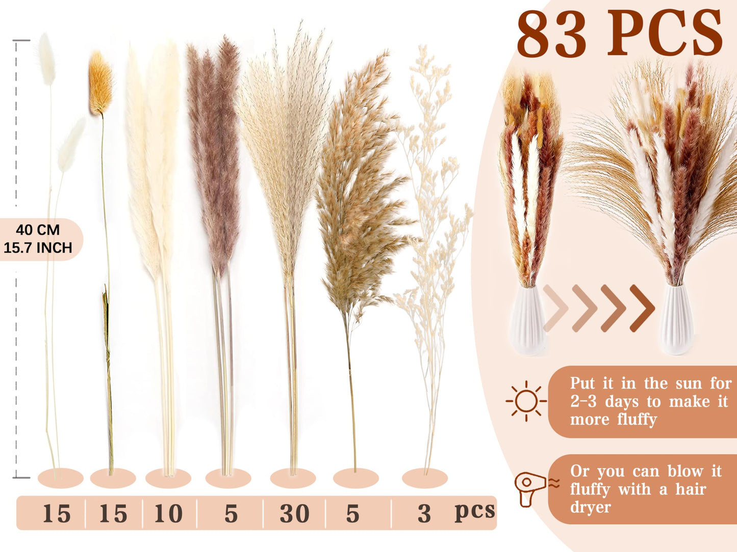 Pampasgras Getrocknet - Natürlich, Braun, Trockenblumen Strauß Dried Flowers, für Heim Decor 