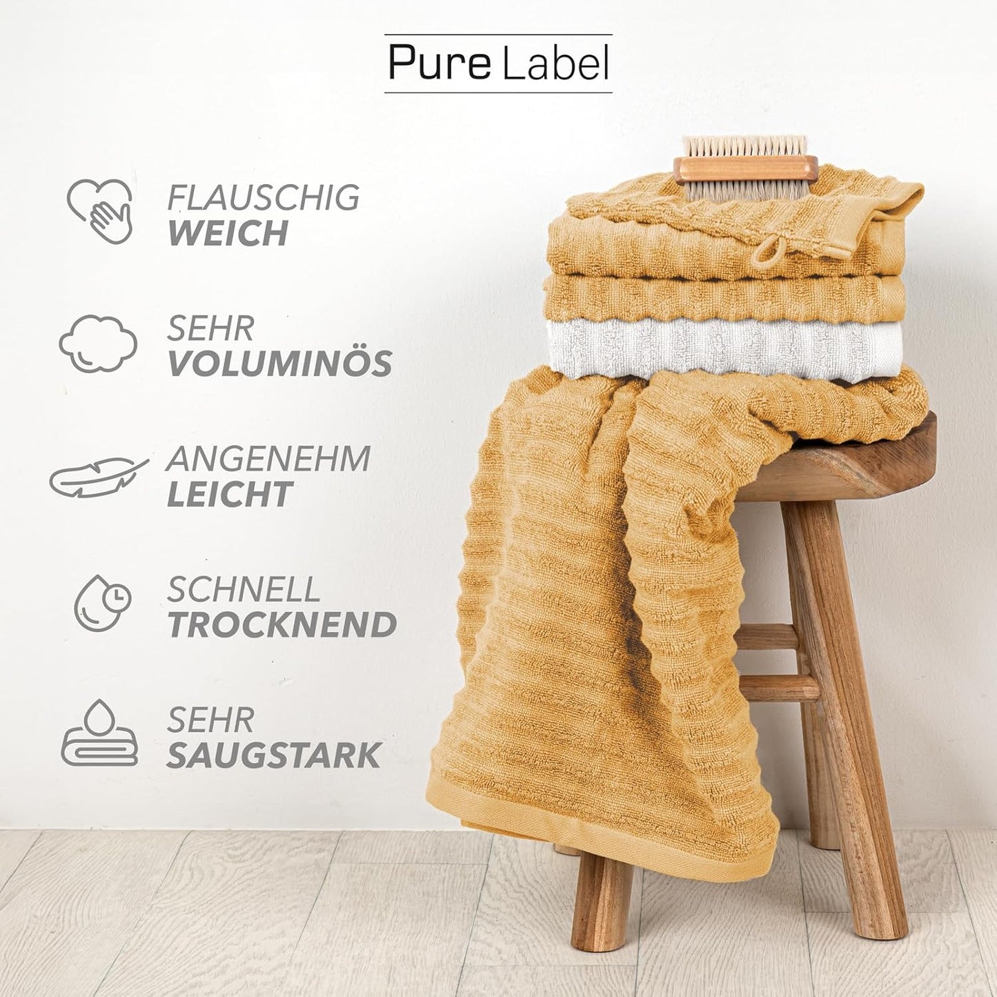 Pure Label 6-teiliges Handtuchset mit Aufhängeschlaufen aus 100 % Baumwolle, saugfähig und weich, 2 x Badetücher (70 x 140 cm), 2 x Handtücher (50 x 100 cm), 2 x Gästetücher (30 x 50 cm), 