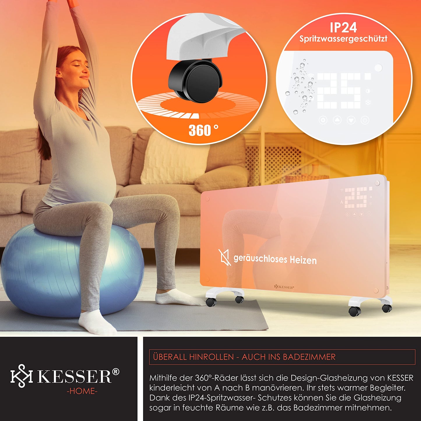 KESSER® Glaskonvektor, Glasheizkörper, elektrischer Heizkörper, WLAN-App-Funktion, inklusive Fernbedienung, Stand- oder Wandheizkörper | Touchscreen | LCD-Display | Timer | 2500 Watt 