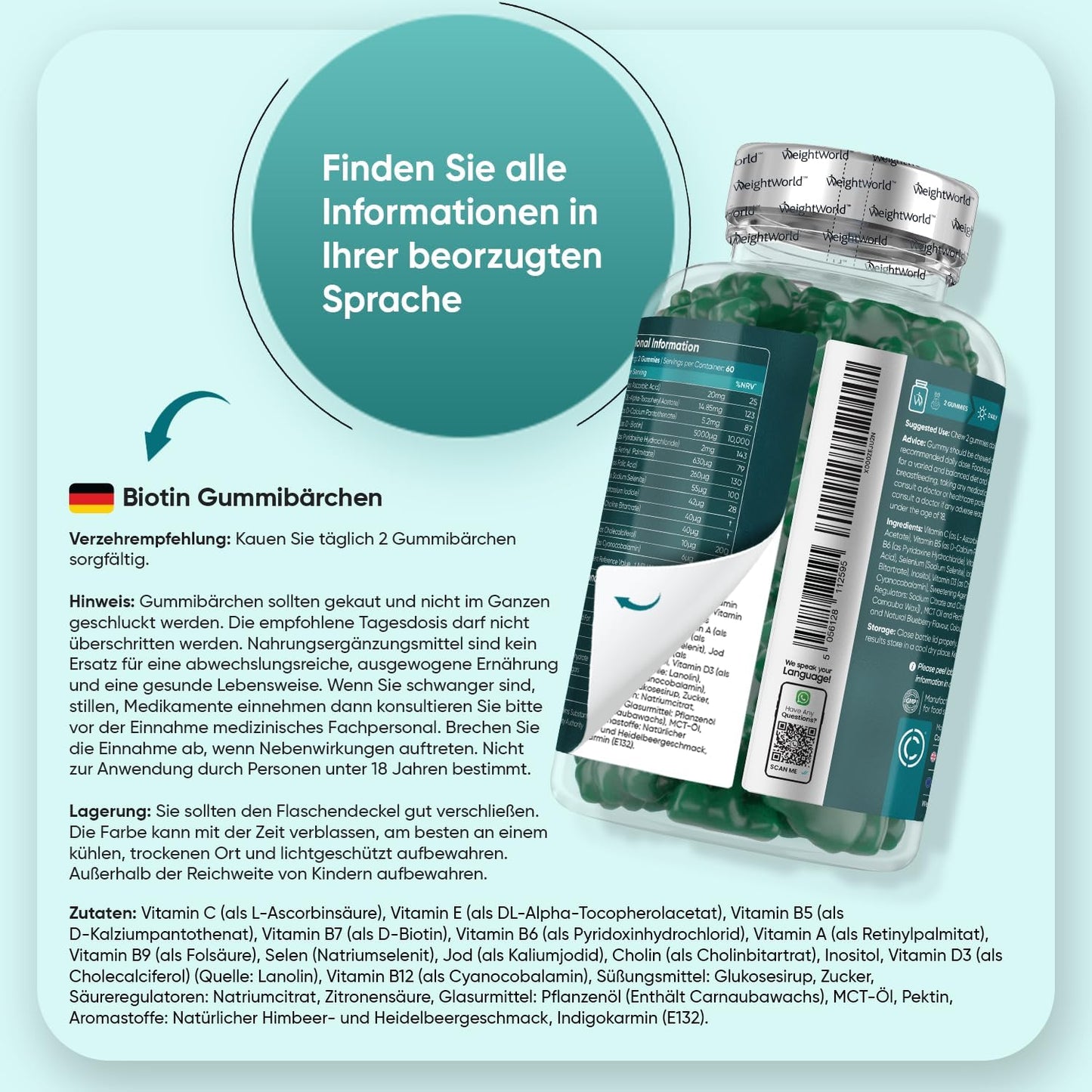 Biotin-Gummibärchen für Haut, Haare und Nägel – mit 5000 µg Biotin, Folsäure, Selen, Jod, Vitamin A, B12 und E – vegetarisch und ohne Gelatine – 120 Haargummibärchen 