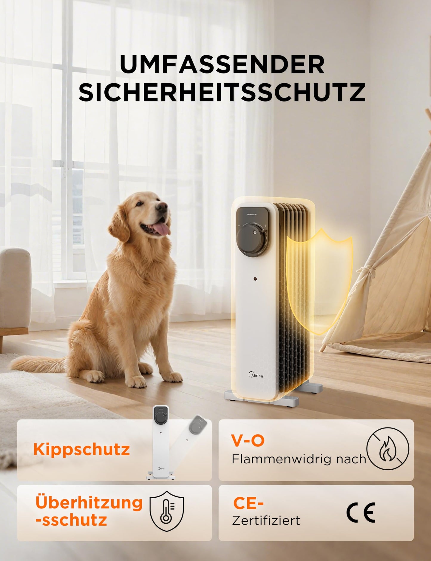 2300W 11 Rippen tragbarer Elektroheizer mit Drehknopfregelung und einstellbarem Thermostat, 3 Heizstufen, Kipp- und Überhitzungsschutz, ultraleicht im Büro &amp; Zuhause