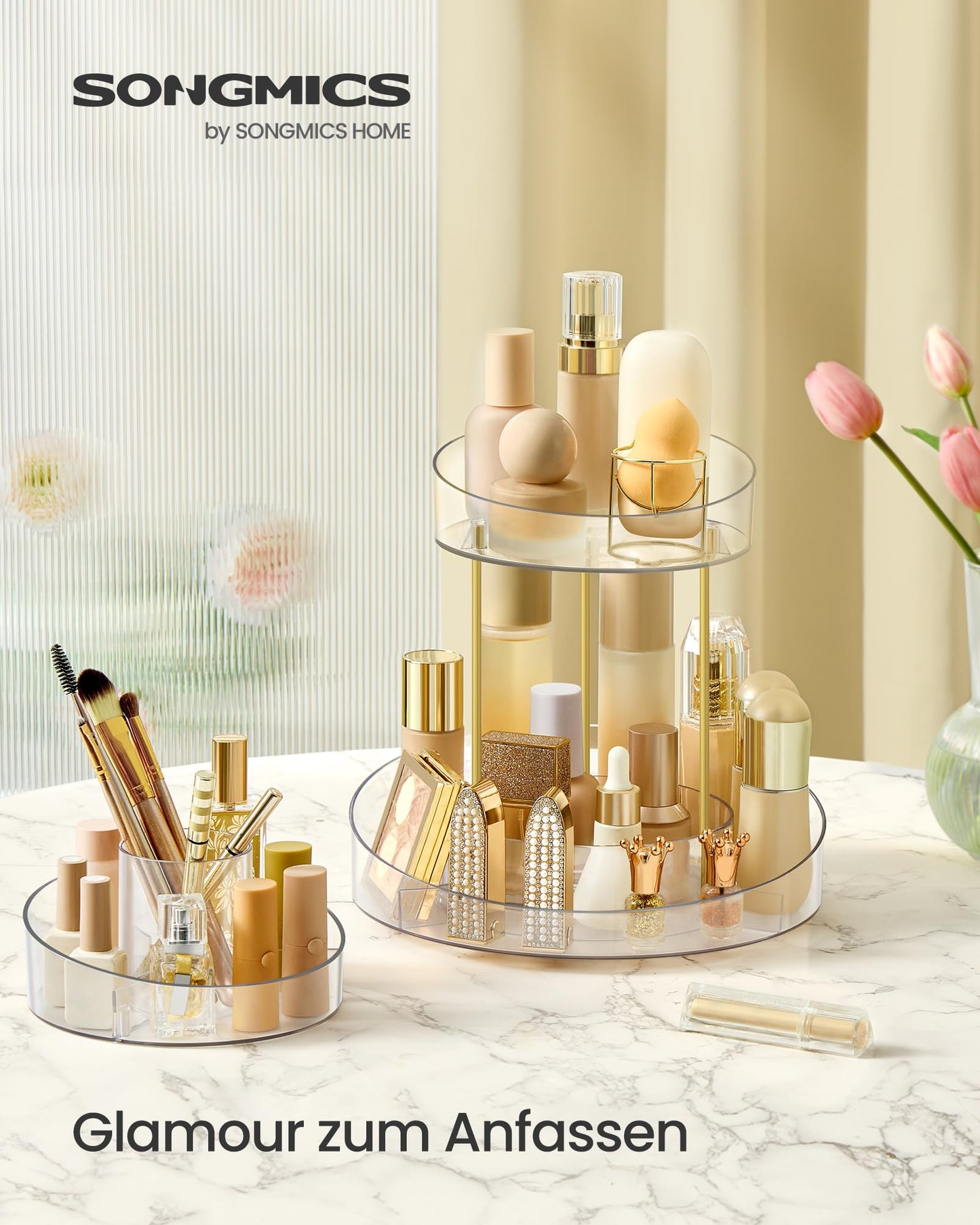 SONGMICS Make-up Organizer mit extra Tablett Oben, Kosmetik-Organizer rund 2 Ebenen 