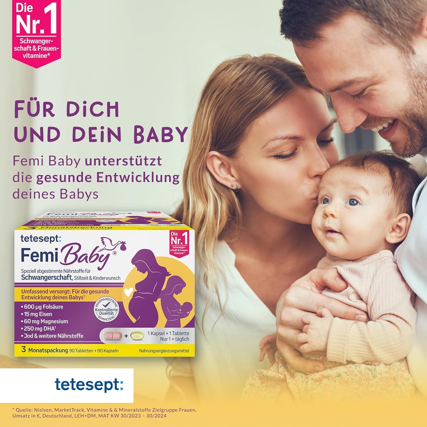 Tetesept Femi Baby – 16 Nährstoffe für Kinderwunsch, Schwangerschaft &amp; Stillzeit – mit Folsäure, Eisen, Jod + DHA – 1 x 3-Monats-Packung mit 90 Tabletten + 90 Kapseln 