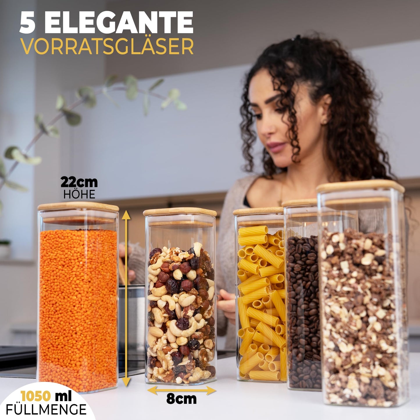 Aufbewahrungsbox Küche für alle Lebensmittel, Küchen Organizer, Vorratsgläser mit Deckel, Eckig - 12er Set, Erhöhte Glasstärke 