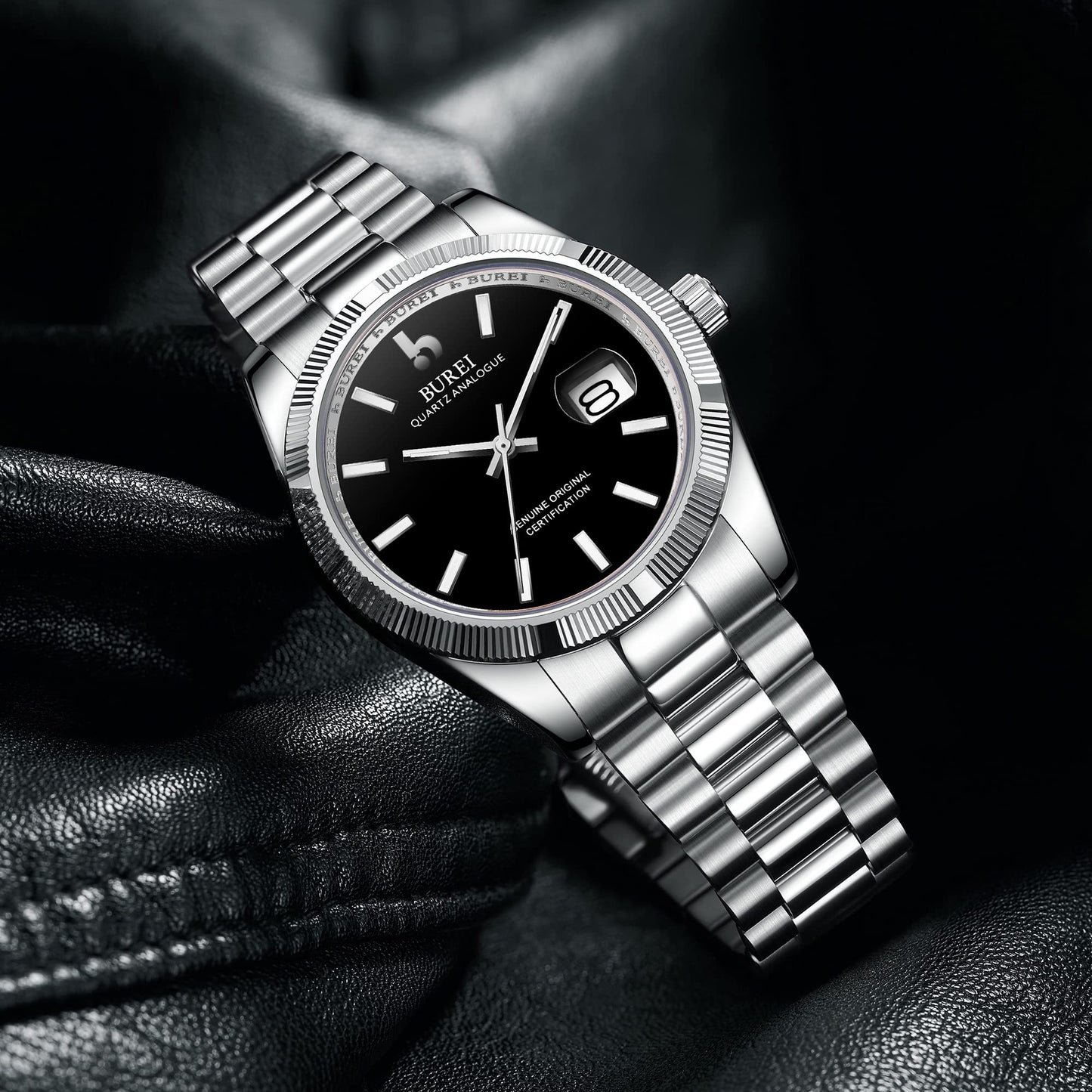 BUREI Herren Uhren Quarz Armbanduhr Datumsanzeige Saphirglas Objektiv mit Zwei Tönen Edelstahlband