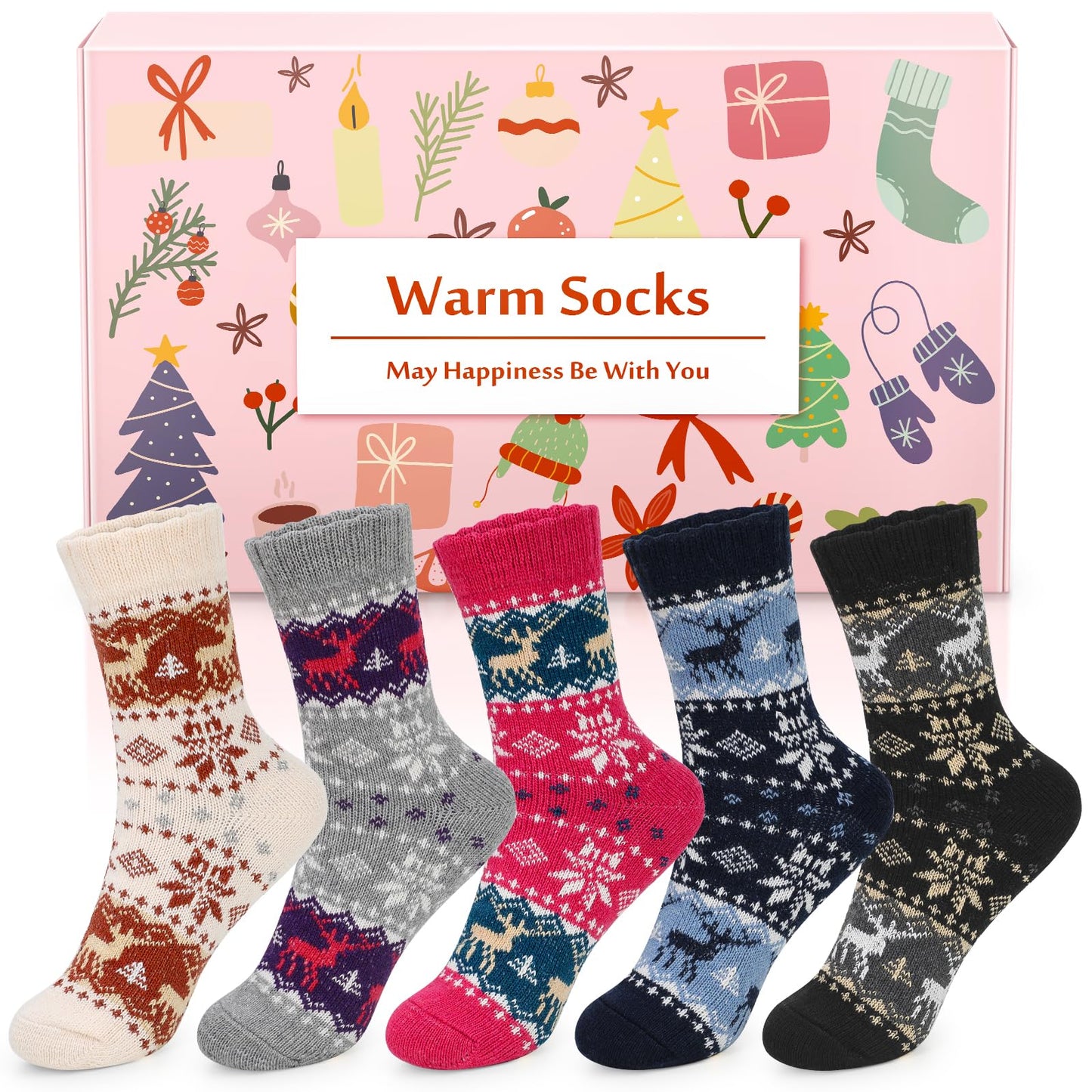 Airabc 5 Paar Damen-Thermosocken, warme Wintersocken, farbenfroh, kuschelig und atmungsaktiv 