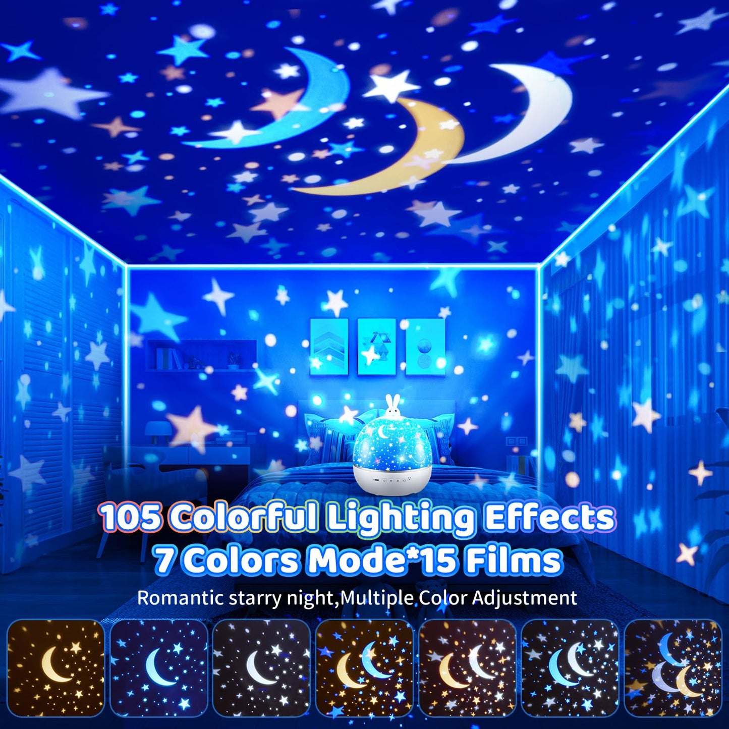 Sternenhimmel Projektor Kinder mit 15 Film, Nachtlicht Baby,Bluetooth,LED Projektor 