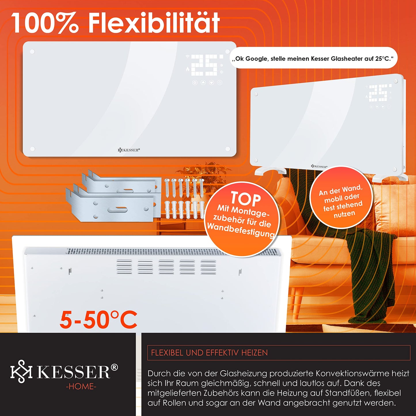 KESSER® Glaskonvektor, Glasheizkörper, elektrischer Heizkörper, WLAN-App-Funktion, inklusive Fernbedienung, Stand- oder Wandheizkörper | Touchscreen | LCD-Display | Timer | 2500 Watt 