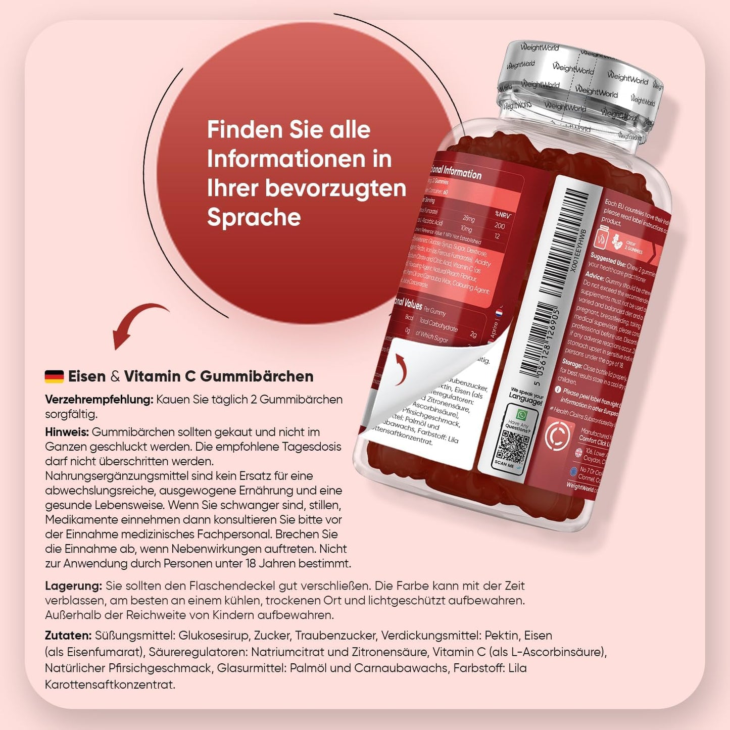 Eisen- und Vitamin-C-Gummibärchen – 2-Monats-Vorrat – 28 mg Eisen &amp; 10 mg Vitamin C – 120 Gummibärchen – Eisen und Vitamin C tragen zu einem normalen Energiestoffwechsel bei (EFSA) – Alternative zu Eisentabletten 