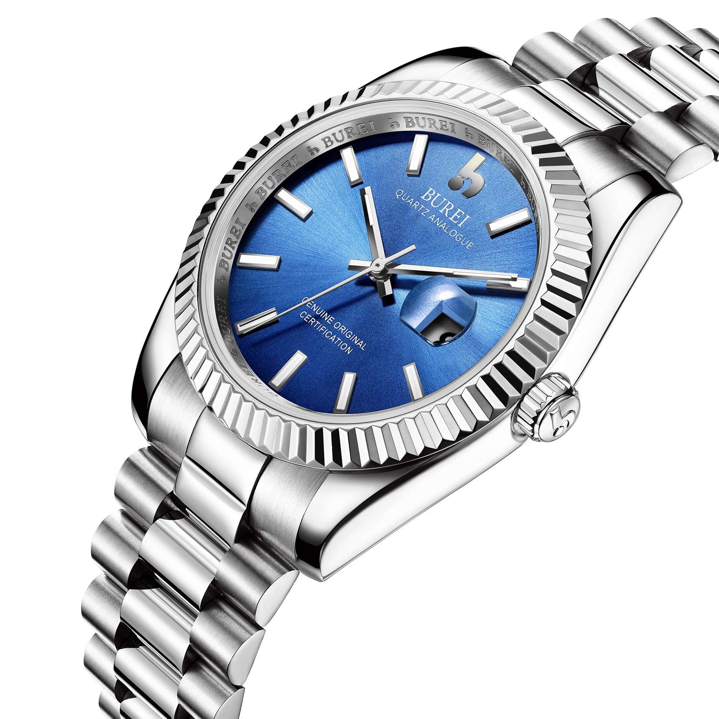 BUREI Herren Uhren Quarz Armbanduhr Datumsanzeige Saphirglas Objektiv mit Zwei Tönen Edelstahlband