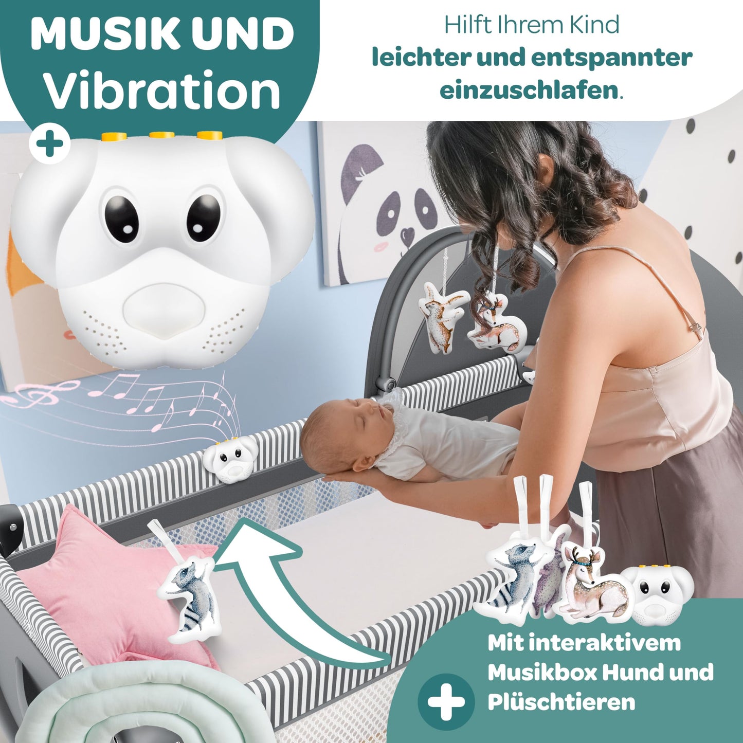 Kidiz Babybett, Reisebett, faltbar mit Matratze und Rollen, 120 x 60 cm, Seiteneingang 