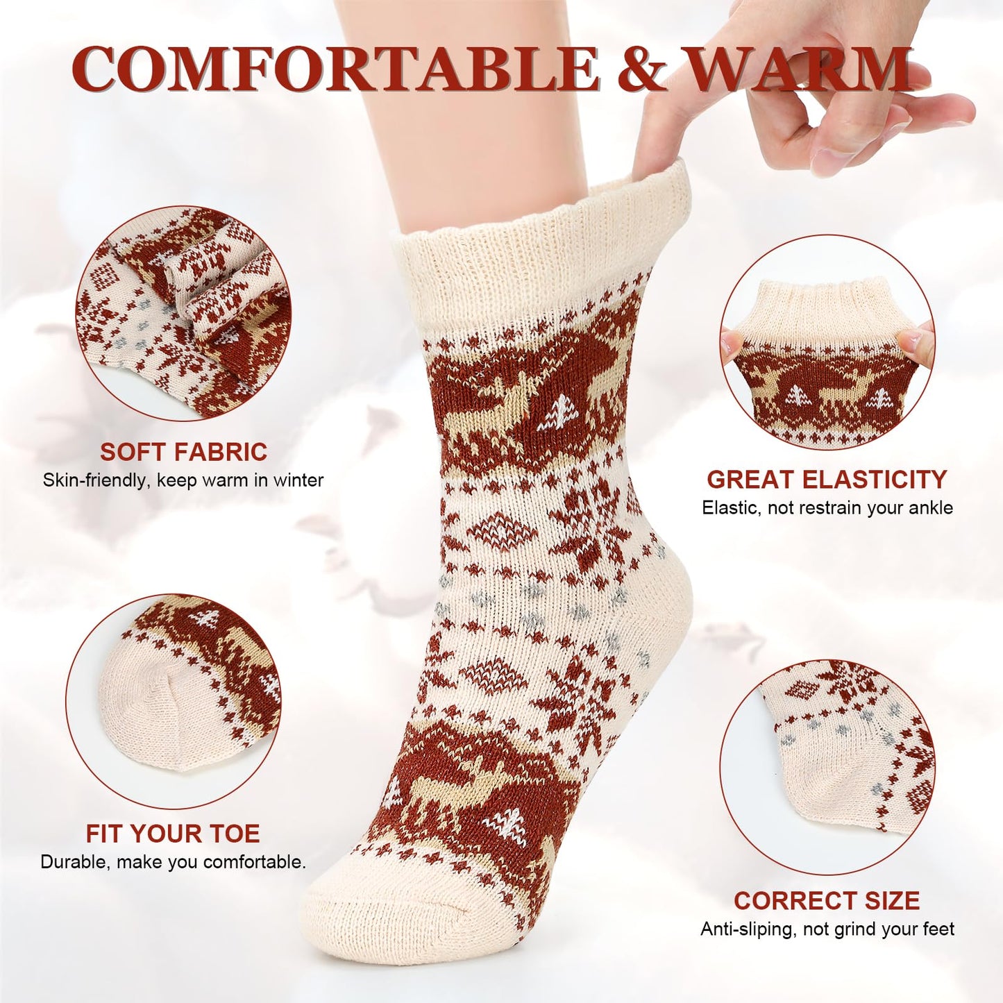 Airabc 5 Paar Damen-Thermosocken, warme Wintersocken, farbenfroh, kuschelig und atmungsaktiv 