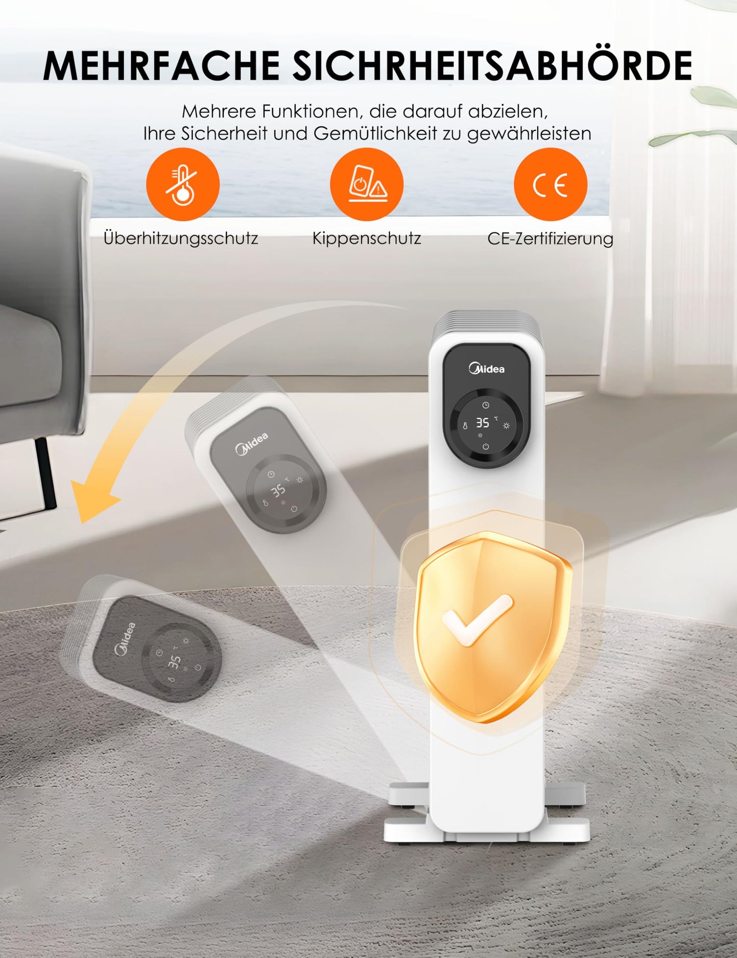 2300W 11 Rippen tragbarer Elektroheizer mit Drehknopfregelung und einstellbarem Thermostat, 3 Heizstufen, Kipp- und Überhitzungsschutz, ultraleicht im Büro &amp; Zuhause