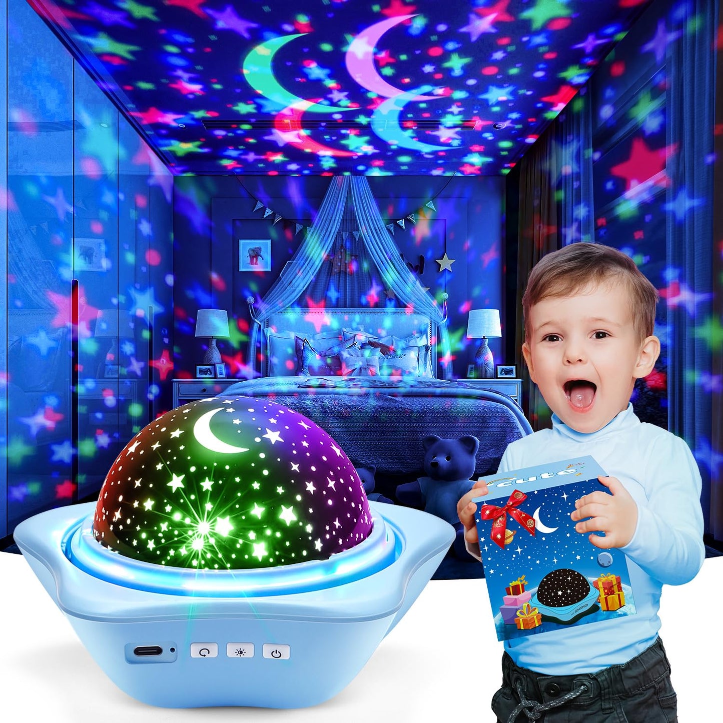 Sternenhimmel Projektor Kinder mit 15 Film, Nachtlicht Baby,Bluetooth,LED Projektor 