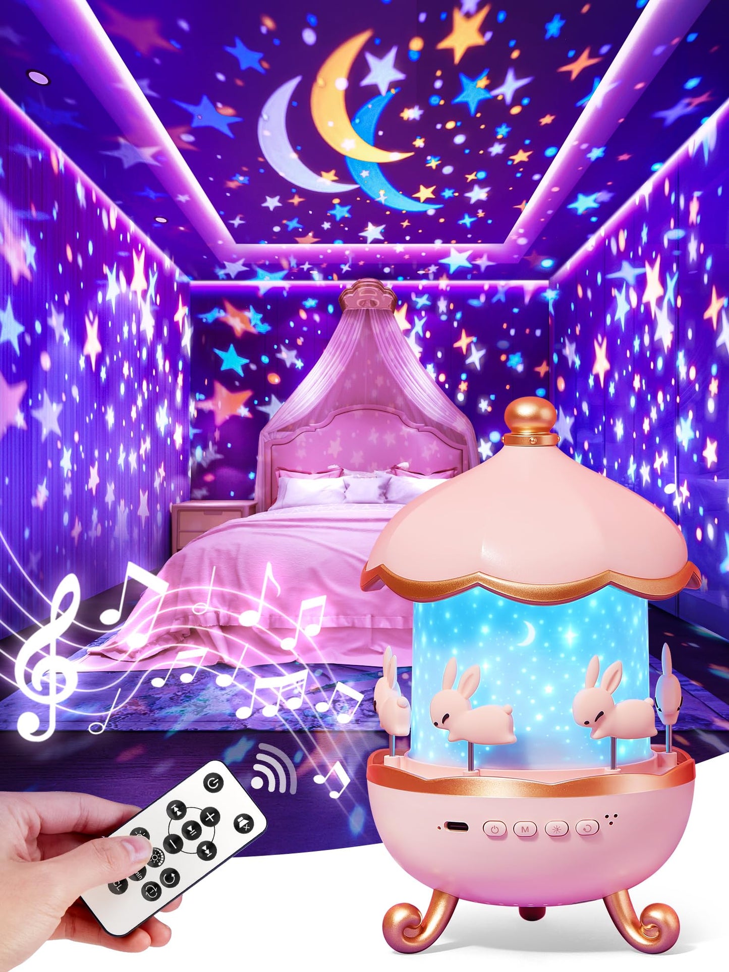 Sternenhimmel-Projektor für Babys mit 15 Filmen, Einhorn-Spieluhr mit 15 Liedern, 7-farbiges Nachtlicht 