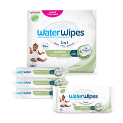 WaterWipes Sensitive+ Baby & Toddler Wipes, 3-in-1 Cleansing, Care, Protection, 99.9% Water, Fragrance-Free