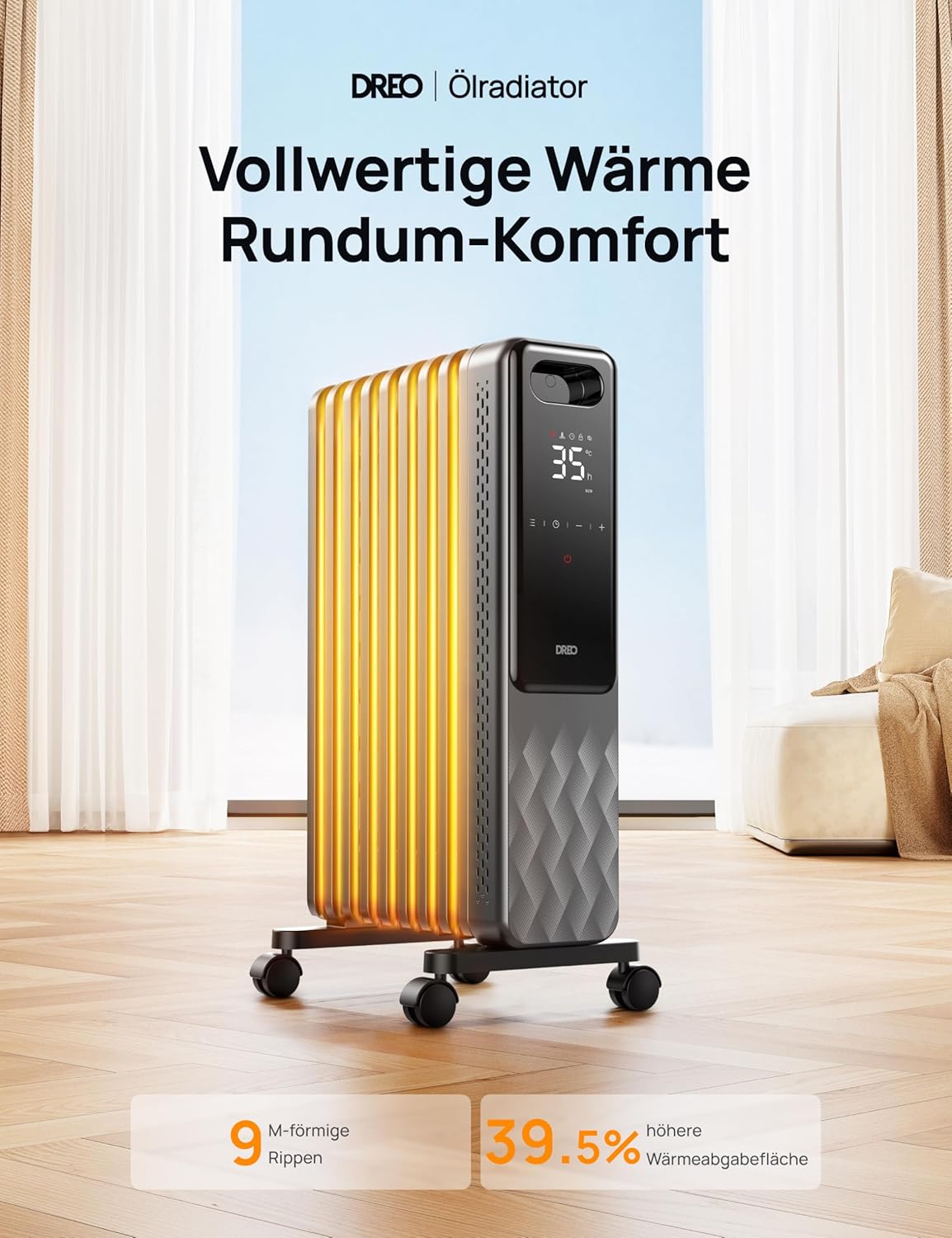 Energiesparende Heizkörperheizung mit Thermostat, 2000 W, mobile Elektroheizung