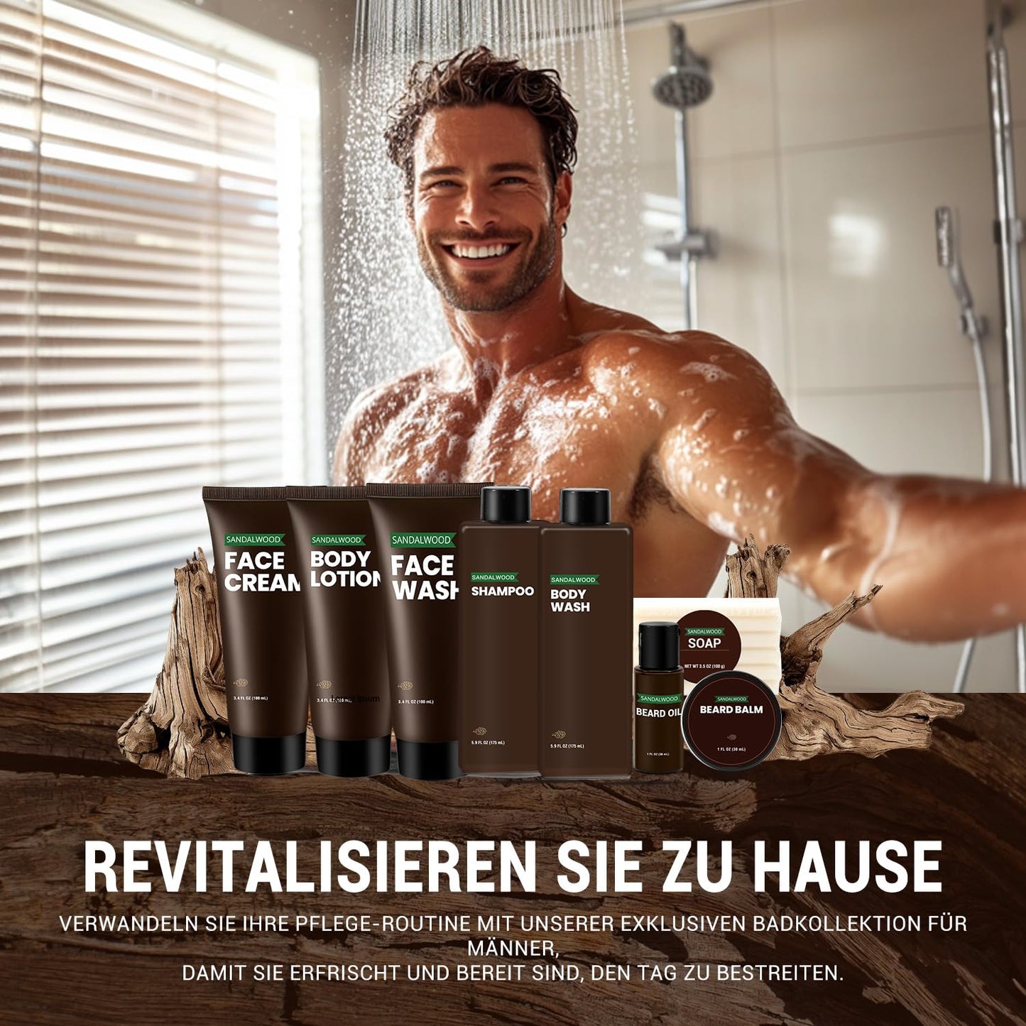 BODY &amp; EARTH Herrenpflege-Geschenkset Sandelholz, 10-teiliges Pflegeset mit Bartöl