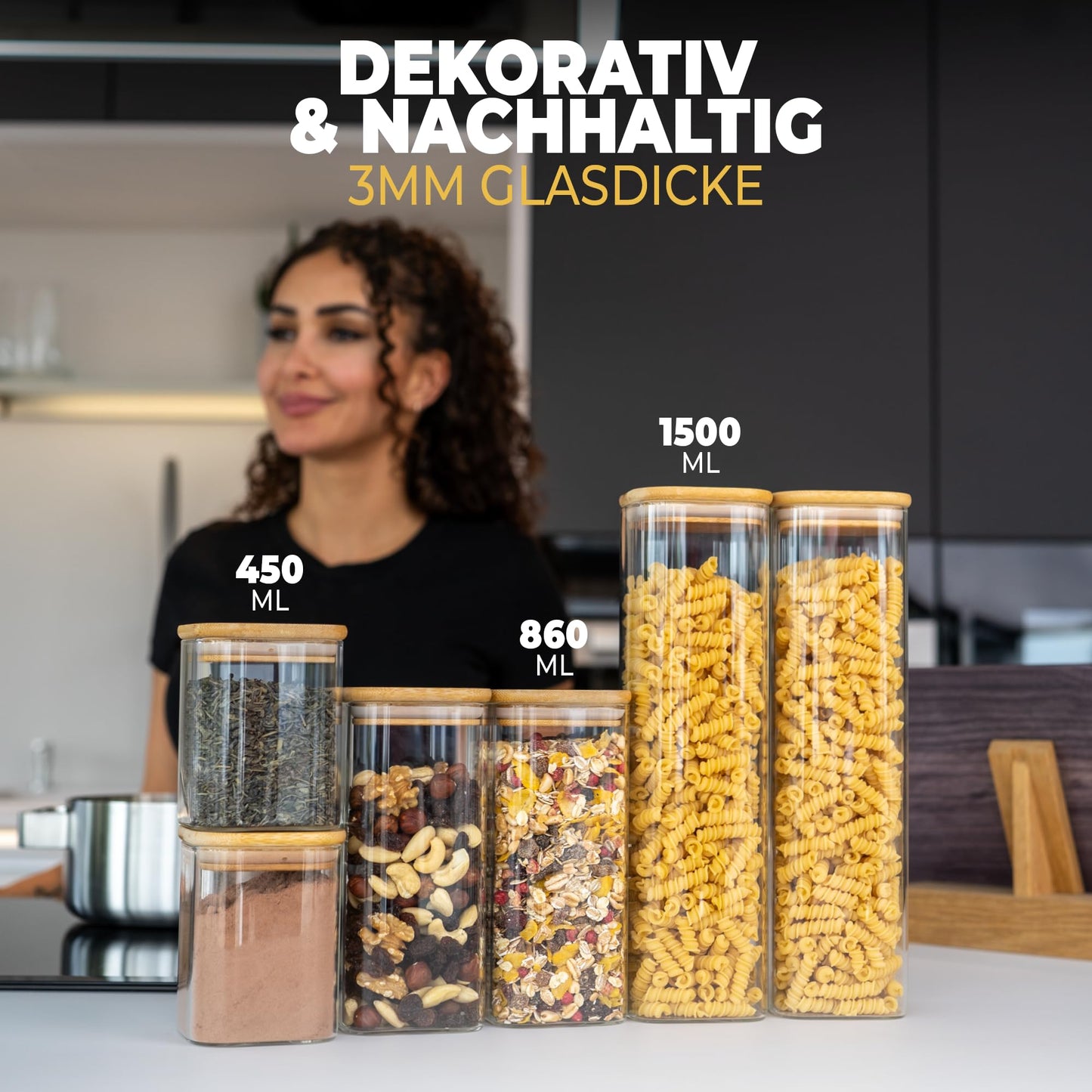 Aufbewahrungsbox Küche für alle Lebensmittel, Küchen Organizer, Vorratsgläser mit Deckel, Eckig - 12er Set, Erhöhte Glasstärke 