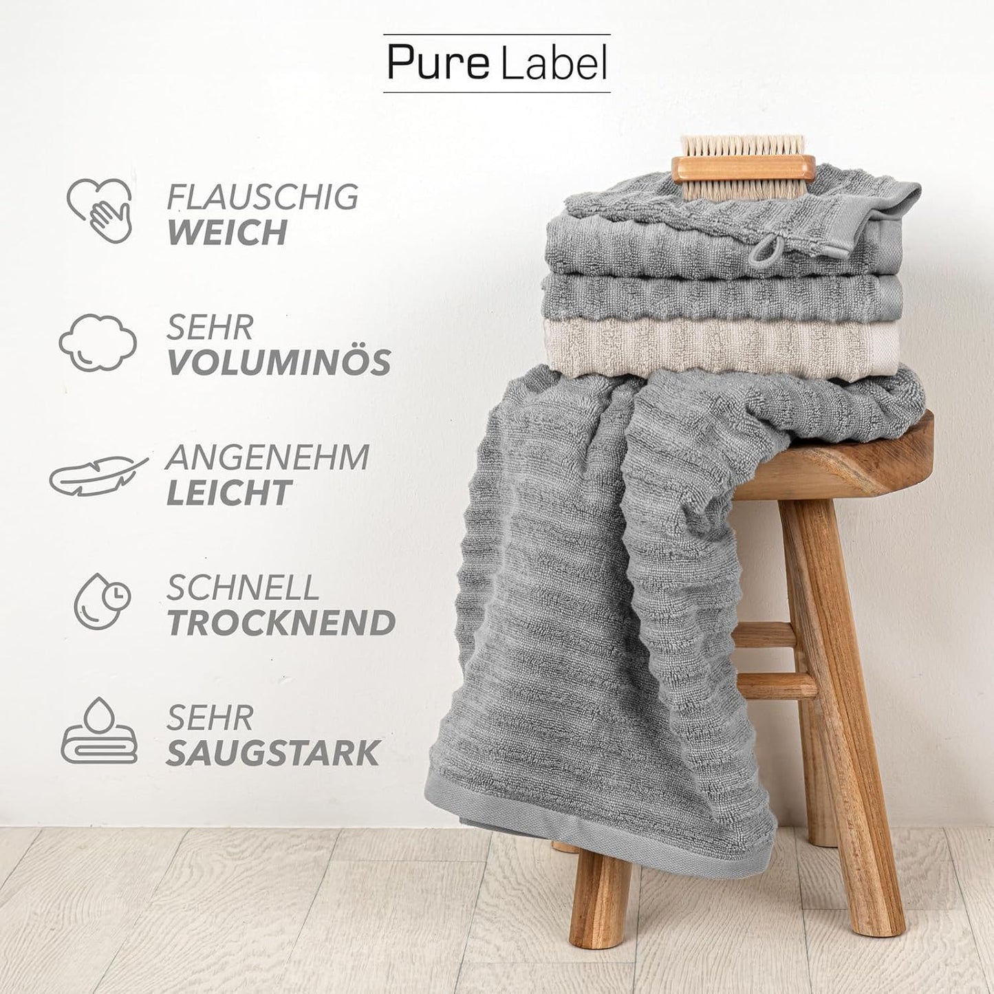 Pure Label 6-teiliges Handtuchset mit Aufhängeschlaufen aus 100 % Baumwolle, saugfähig und weich, 2 x Badetücher (70 x 140 cm), 2 x Handtücher (50 x 100 cm), 2 x Gästetücher (30 x 50 cm), 