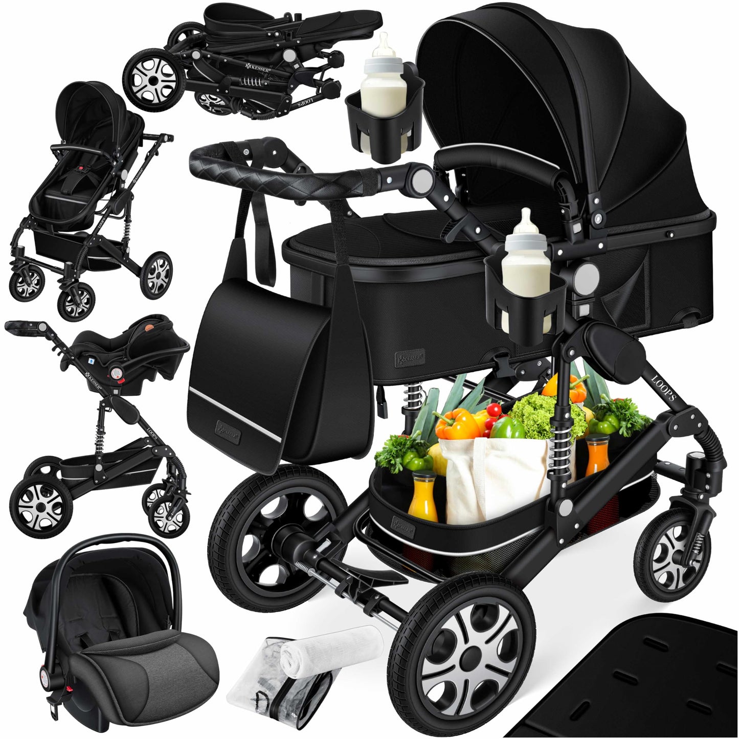 Kesser® Loops 3-in-1 Kombi-Kinderwagen, Komplettset inklusive Babywanne, Buggy-Sportsitz und Babyschale, Vollgummireifen 