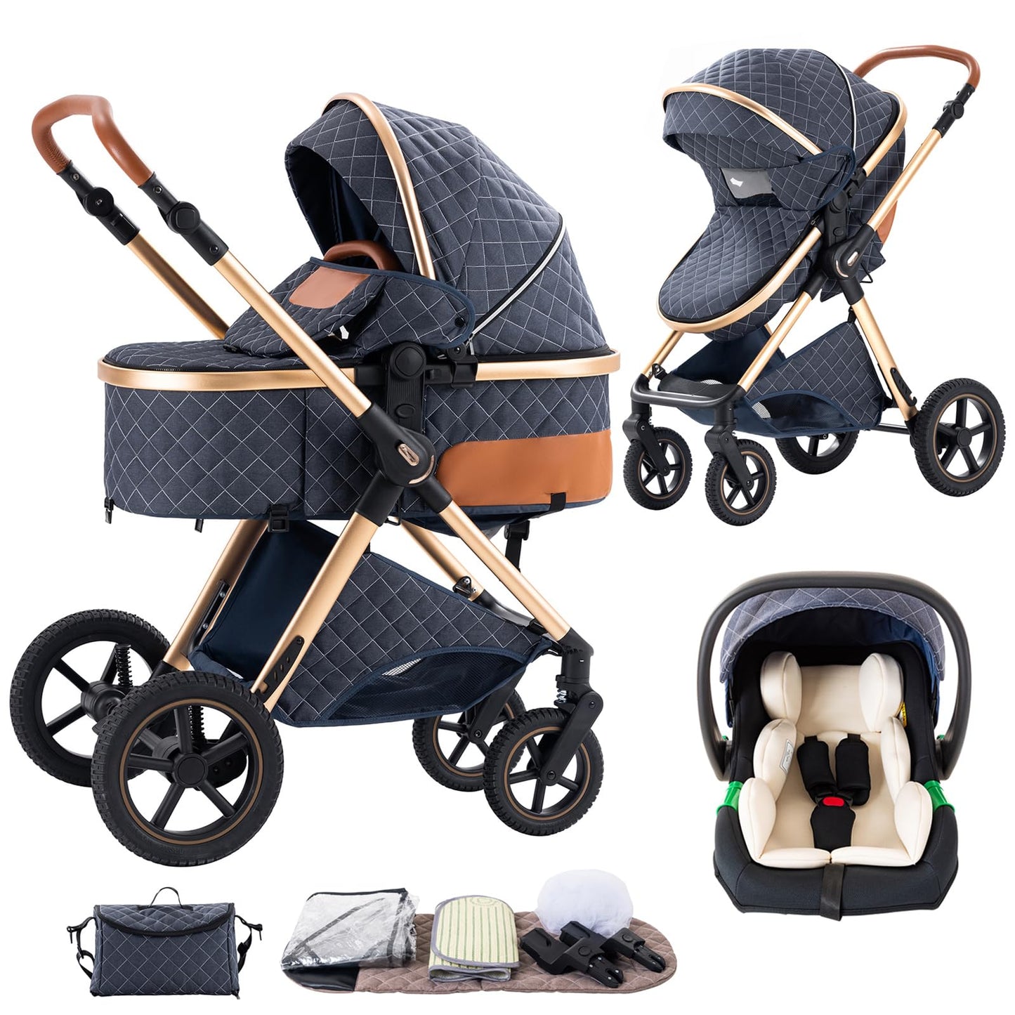 Shineey 3-in-1 Kinderwagen, Buggy, faltbarer Kinderwagen-Satz, Kombi-Kinderwagen 3-in-1 mit großer, komfortabler Babywanne, Gestell aus Aluminiumlegierung 