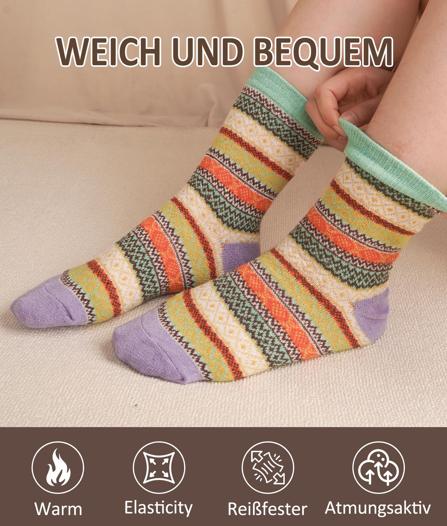 Wollsocken für Damen, 5 Paar, dicke Wintersocken, farbenfrohe Thermosocken – das perfekte Geschenk 