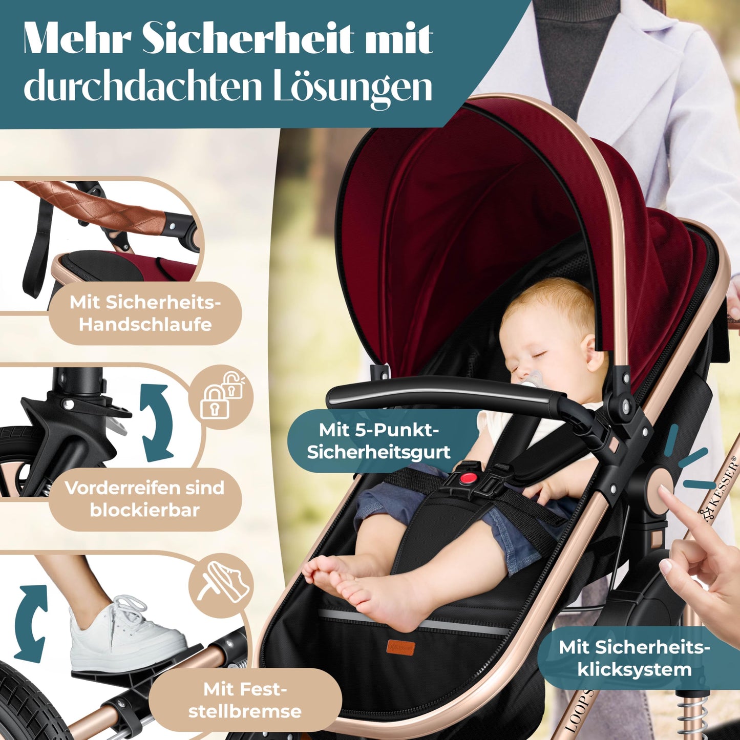Kesser® Loops 3-in-1 Kombi-Kinderwagen, Komplettset inklusive Babywanne, Buggy-Sportsitz und Babyschale, Vollgummireifen 