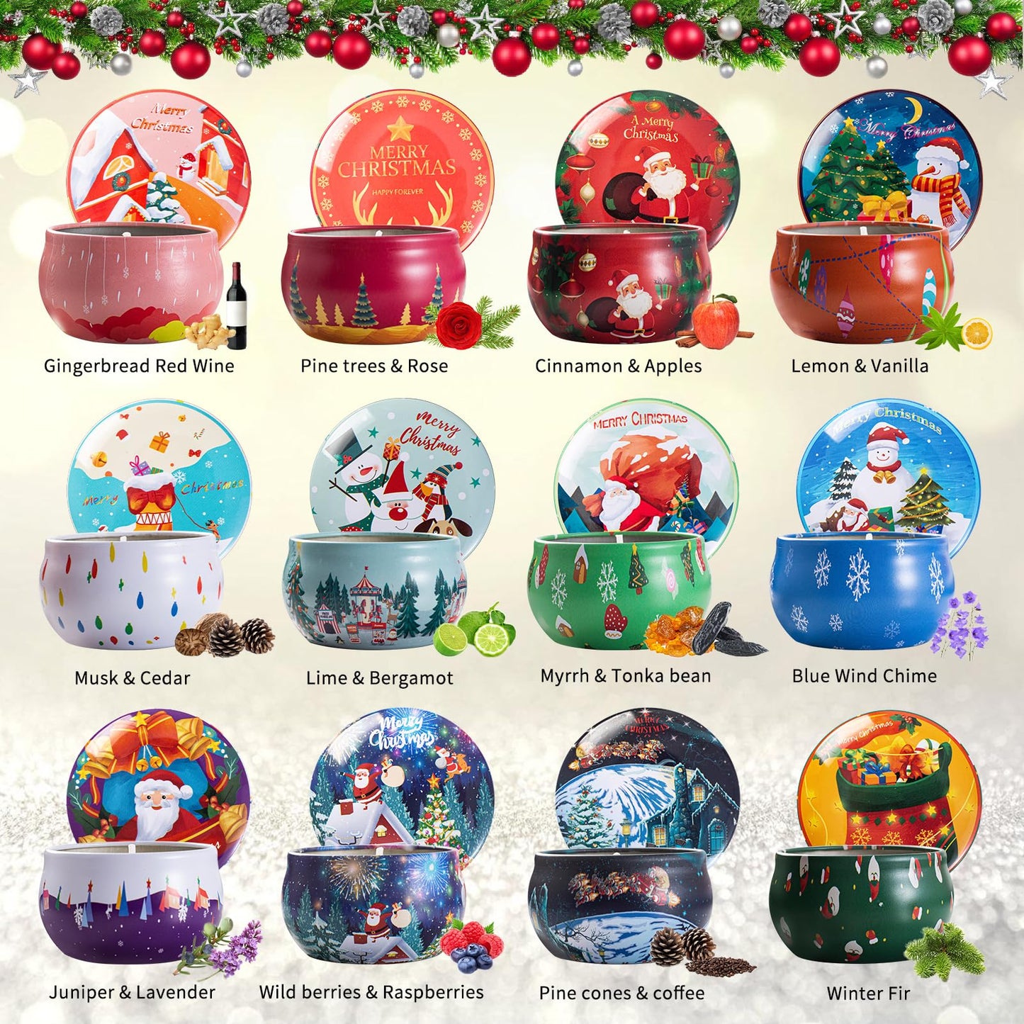 12er-Pack Duftkerzen für Weihnachten, 100 % natürliche Sojakerzen, Aromatherapie-Geschenkidee 