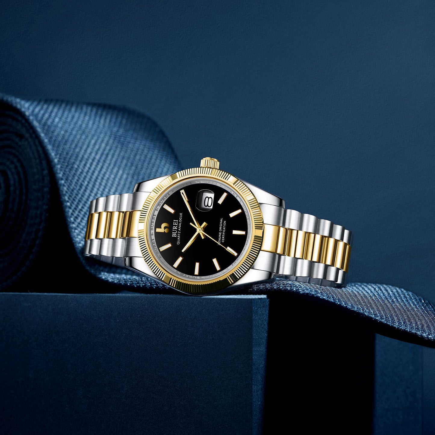 BUREI Herren Uhren Quarz Armbanduhr Datumsanzeige Saphirglas Objektiv mit Zwei Tönen Edelstahlband