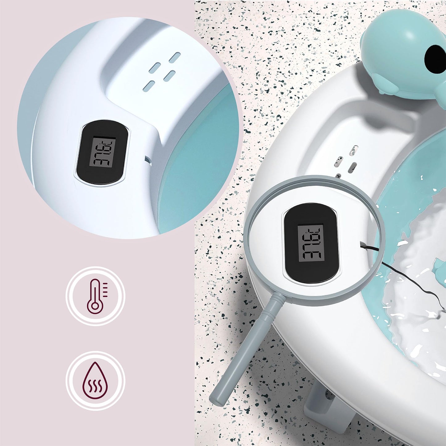 Faltbare Babybadewanne von Moby-System mit Einsatz, LCD-Thermometer und Rahmen – sicherer Halt ab Geburt, ergonomisch 