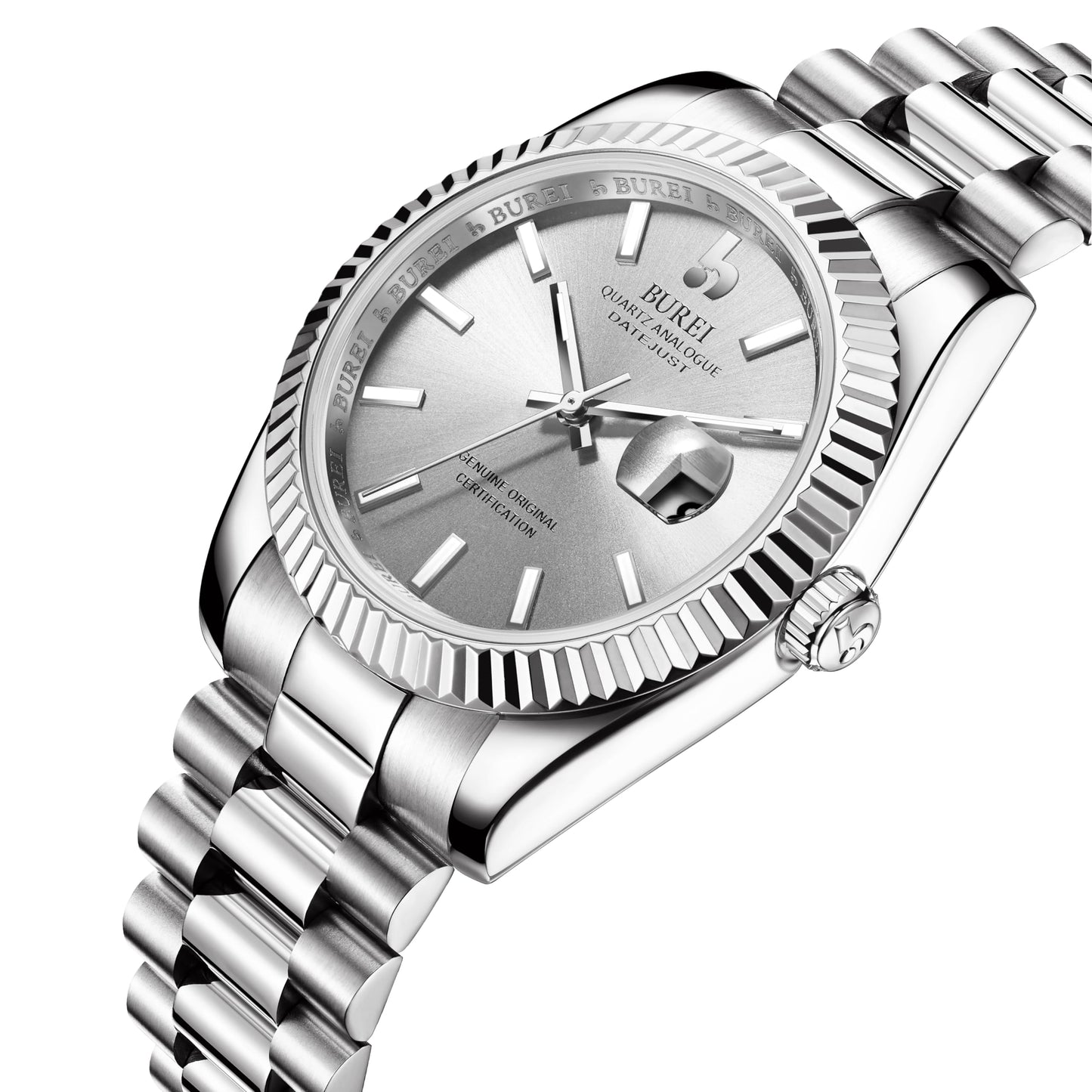 BUREI Herren Uhren Quarz Armbanduhr Datumsanzeige Saphirglas Objektiv mit Zwei Tönen Edelstahlband