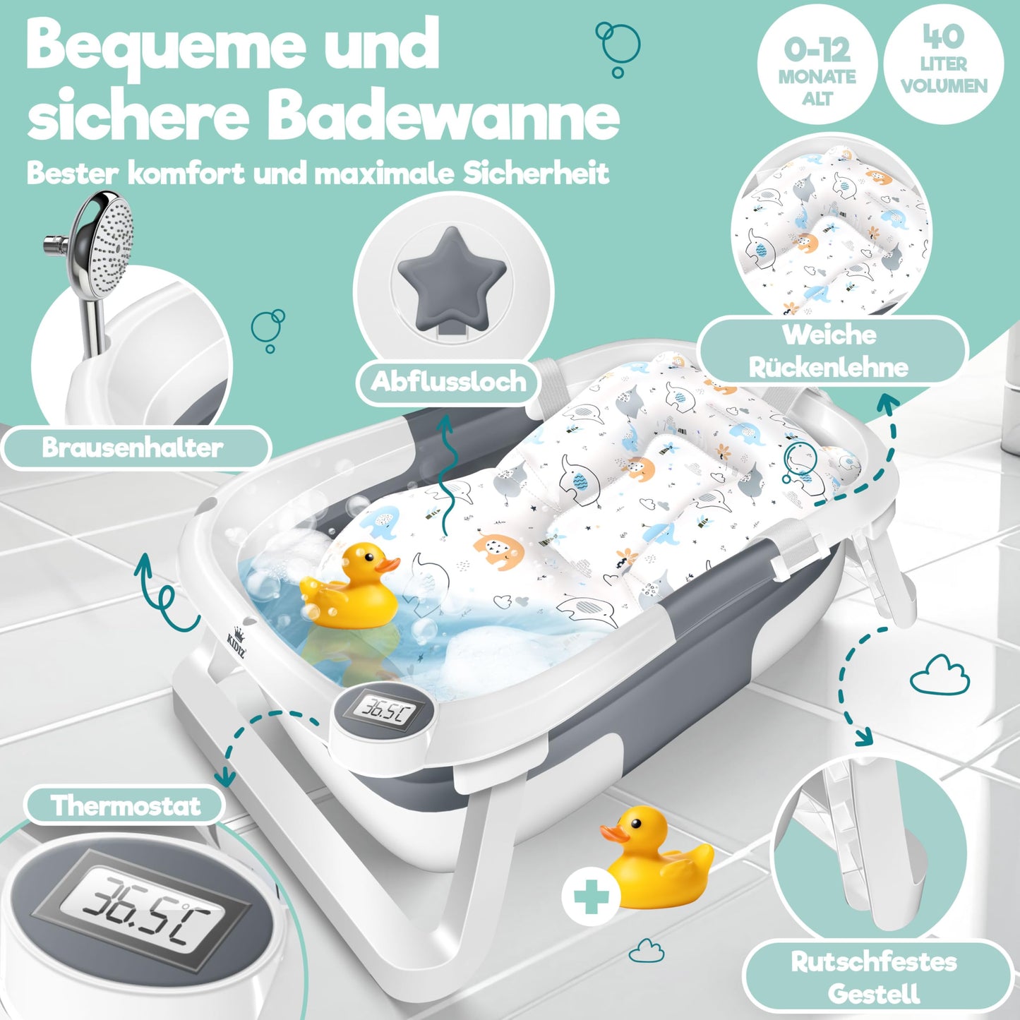 Babybadewanne | Babywanne platzsparend &amp; faltbar mit Thermostat &amp; Kissen 