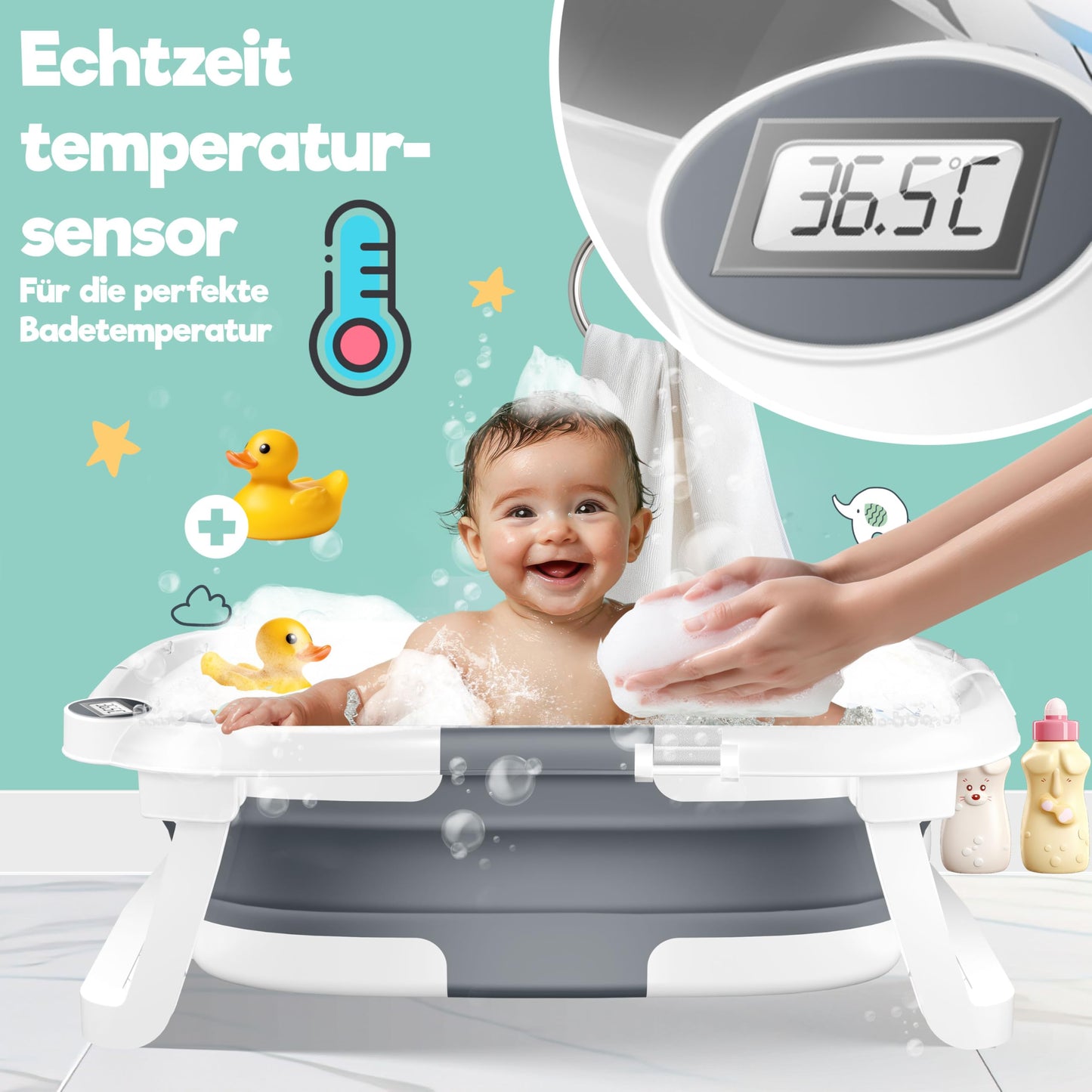 Babybadewanne | Babywanne platzsparend &amp; faltbar mit Thermostat &amp; Kissen 