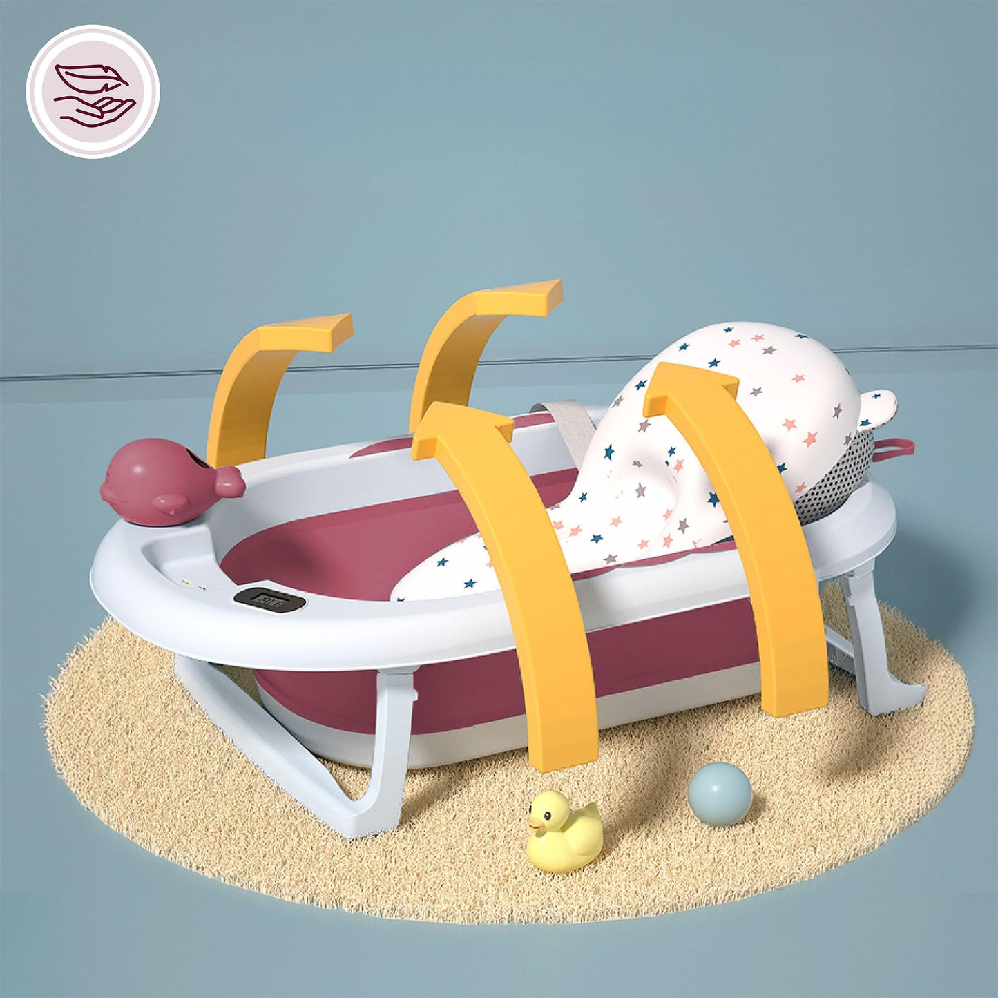 Faltbare Babybadewanne von Moby-System mit Einsatz, LCD-Thermometer und Rahmen – sicherer Halt ab Geburt, ergonomisch 