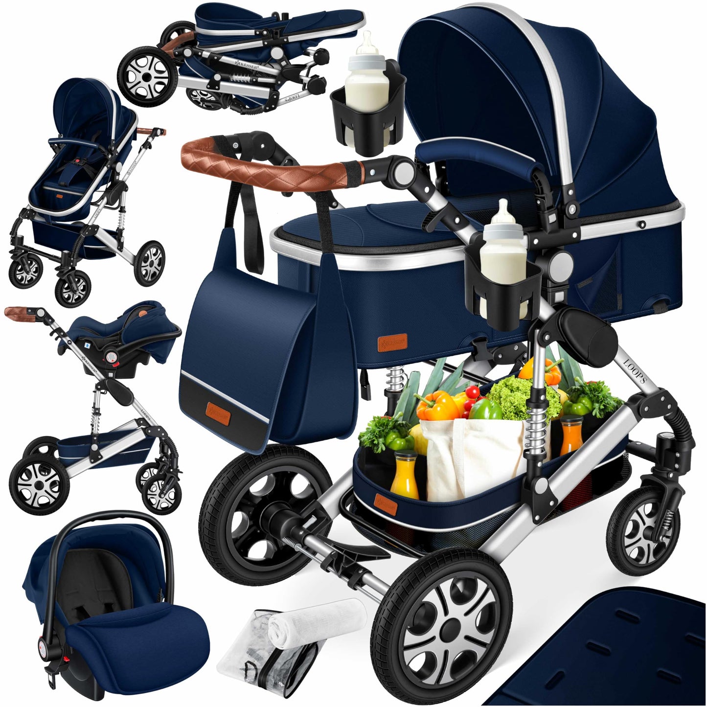 Kesser® Loops 3-in-1 Kombi-Kinderwagen, Komplettset inklusive Babywanne, Buggy-Sportsitz und Babyschale, Vollgummireifen 