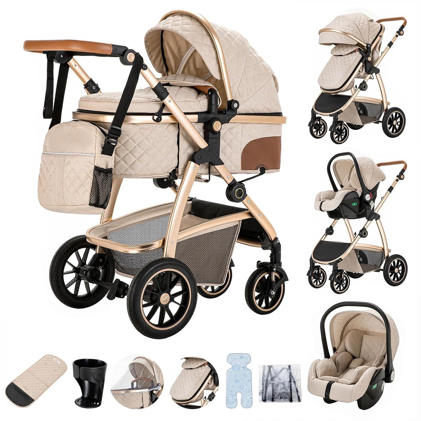 3-in-1 Kinderwagen-Set mit Sitz und faltbarem Babybett, verstellbare Liegeposition, bis 15 kg, 0-3 Jahre 