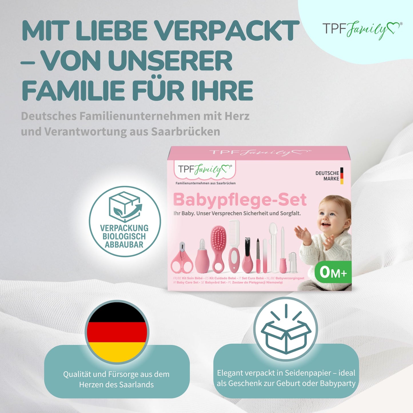 TPFFamily Babypflegeset für Neugeborene (Rosa) – 10-teiliges Set mit hochwertiger Babynagelschere, Nasensauger, Bürste und mehr – Ideal als erste Ausstattung und für die tägliche Pflege 