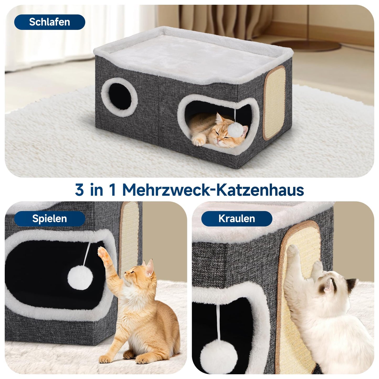 Faltbares Katzenhaus, mit Kratzbrett und Spielball, Katzenhaus Höhle für kleine und mittlere Haustiere 