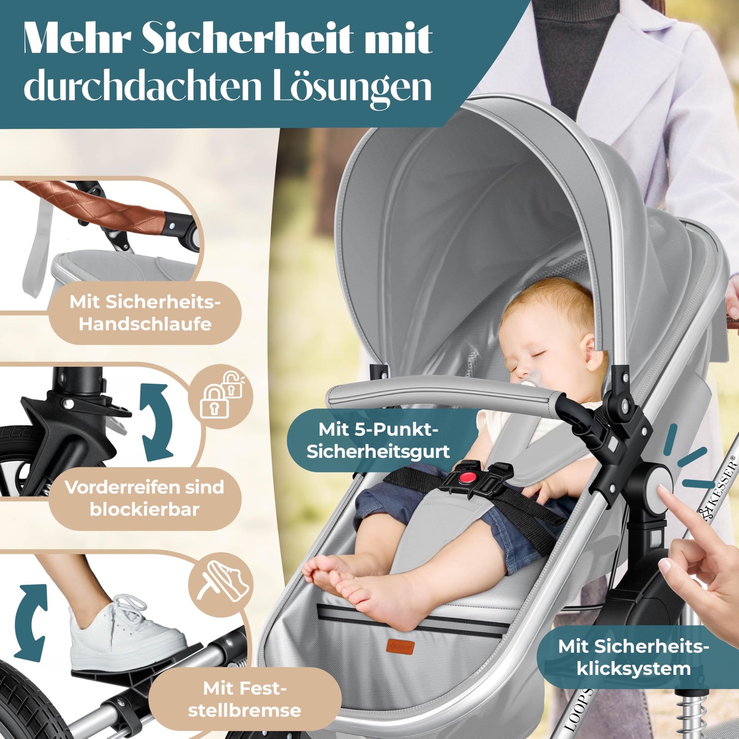 Kesser® Loops 3-in-1 Kombi-Kinderwagen, Komplettset inklusive Babywanne, Buggy-Sportsitz und Babyschale, Vollgummireifen 