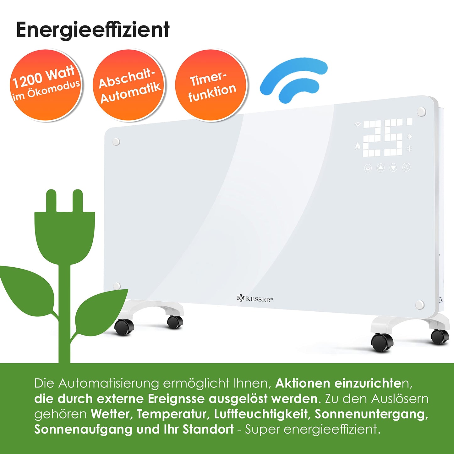 KESSER® Glaskonvektor, Glasheizkörper, elektrischer Heizkörper, WLAN-App-Funktion, inklusive Fernbedienung, Stand- oder Wandheizkörper | Touchscreen | LCD-Display | Timer | 2500 Watt 