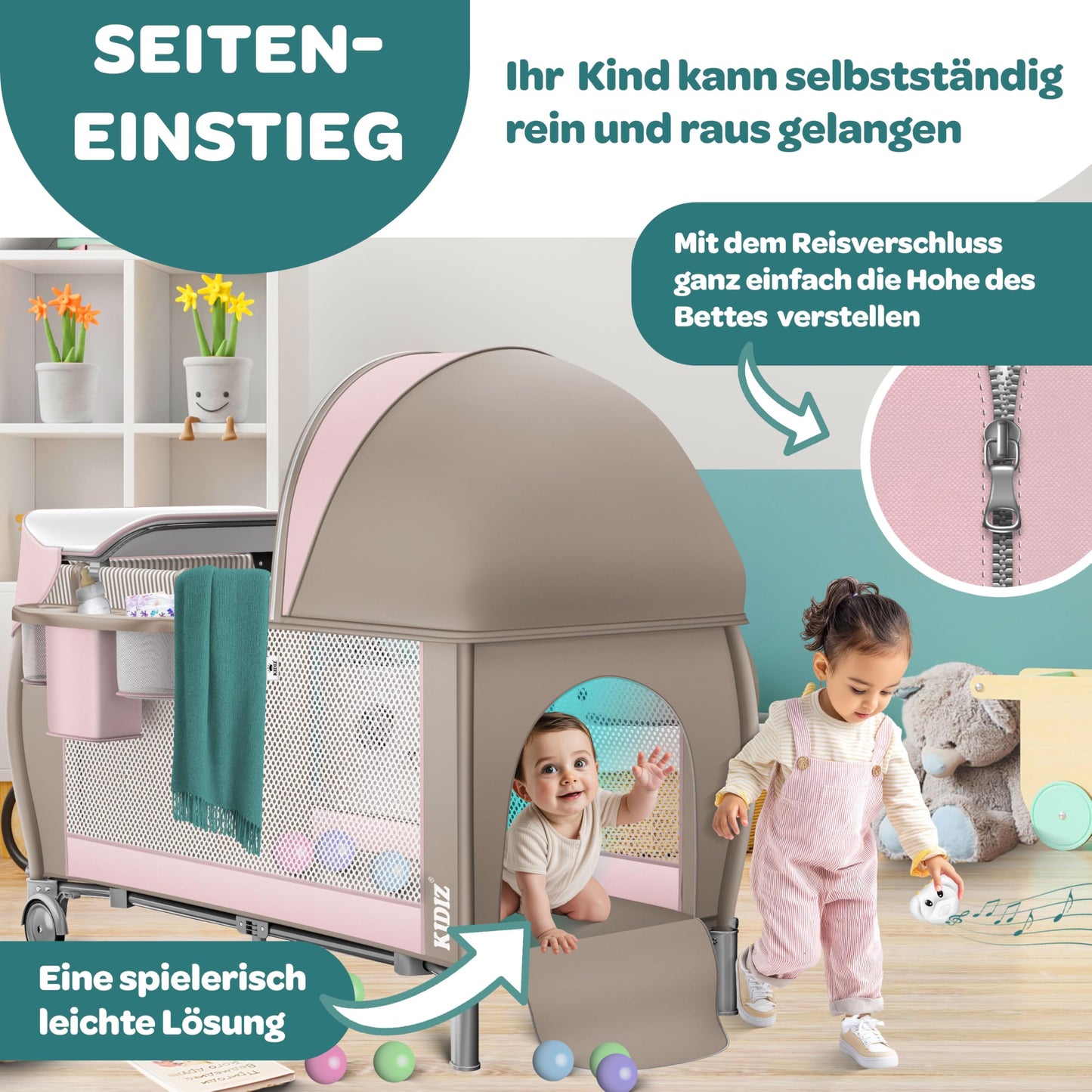 Kidiz Babybett, Reisebett, faltbar mit Matratze und Rollen, 120 x 60 cm, Seiteneingang 