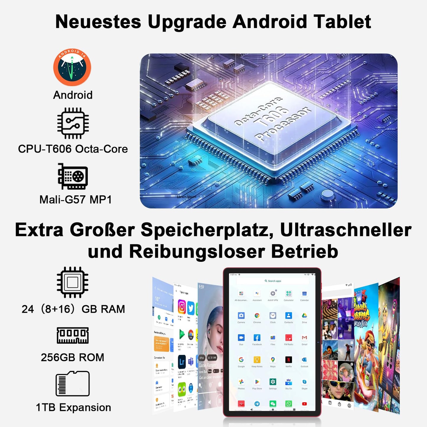 11-Zoll-Android-Tablet mit 24 GB RAM, 256 GB ROM, TF 1 TB, Octa-Core-Prozessor, GMS, 5G, WiFi 6 und Bluetooth 5.0 